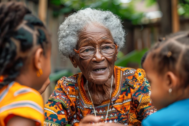 Una anciana afroamericana compartiendo historias con niños pequeños al aire libre Momento de unión familiar