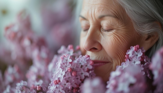 Una anciana alegre disfrutando de la fragancia de las lilas