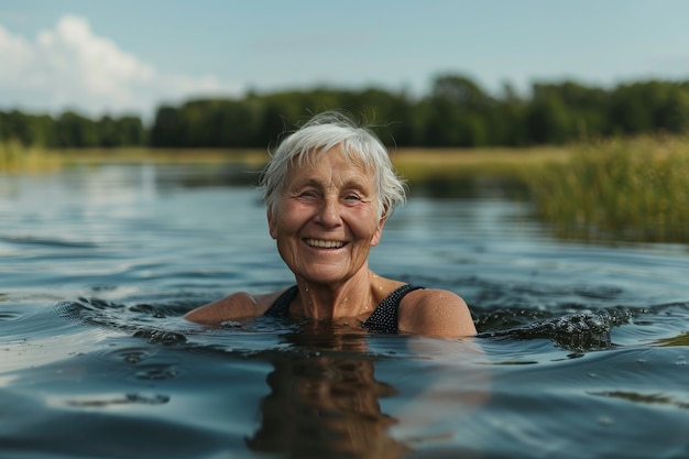 Una anciana alegre disfrutando de nadar en el lago