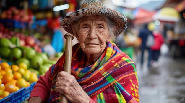 Foto una anciana de américa del sur con un chal de colores y un bastón está vendiendo frutas en un mercado de bogotá, colombia