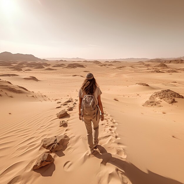 Una anciana de años camina por el desierto capturando su Hiki