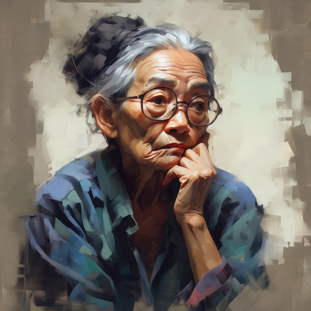Anciana asiática pensando y dudando ilustración pintada al óleo Personaje femenino con cara de ensueño sobre fondo abstracto Ai generó cartel brillante de lienzo acrílico