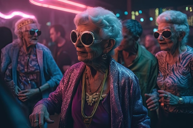 Una anciana baila en una fiesta cyberpunk desafiando la edad y adoptando el ambiente futurista IA generativa