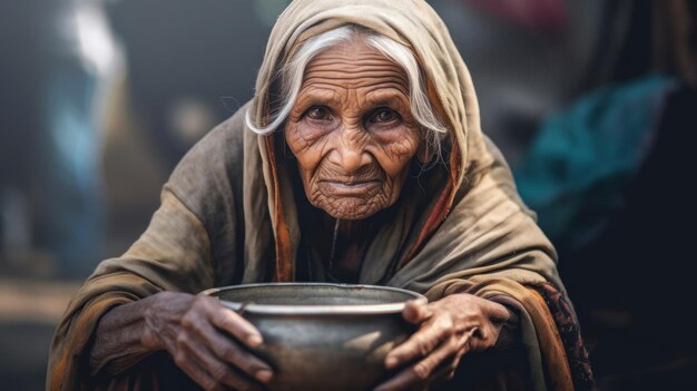 una anciana bebiendo agua de un cuenco