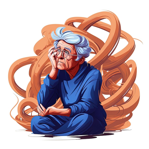Foto una anciana biceps pensando problema de resolución con una ilustración vectorial de símbolo de burbuja de habla