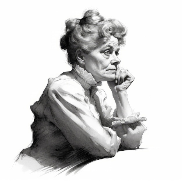 Foto anciana blanca pensando y dudas ilustración monocromática personaje femenino con cara de ensueño sobre fondo abstracto póster de boceto en blanco y negro generado por ai