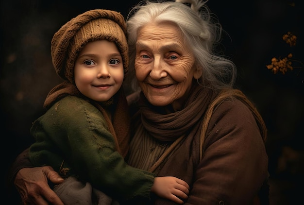 una anciana con el cabello blanco abrazando a su nieta en el estilo de la paleta de colores terrenal