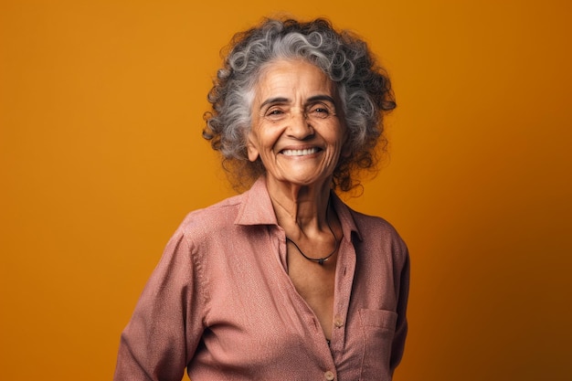 Anciana con cabello gris ondulado sonriendo a la cámara sobre un fondo naranja IA generativa