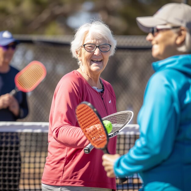 Una anciana de cabello gris sonriente jugando al tenis.