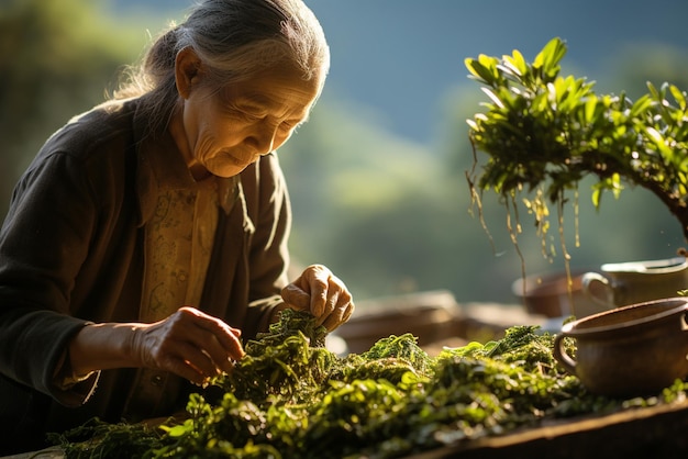 Una anciana campesina asiática cosechando hojas de té, una canasta con plantas orgánicas frescas, trabaja en una granja