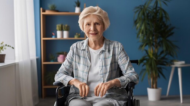 Una anciana con cáncer está sentada en una silla de ruedas.