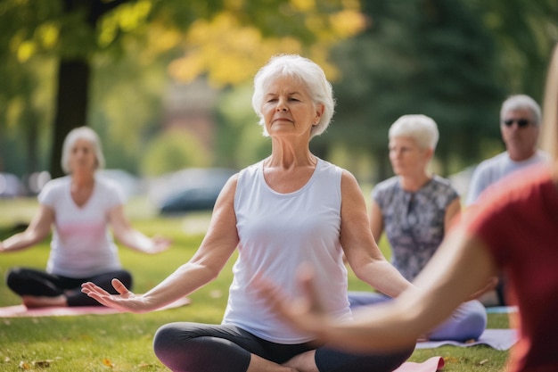 Una anciana caucásica relajada practicando yoga en el parque durante un día soleado generado por la IA