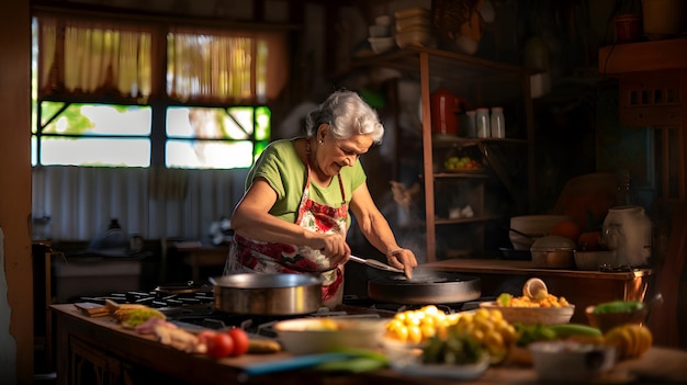 Anciana cocinando tortillas en su cocina rural.