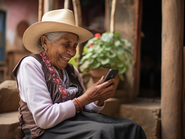 Anciana de Colombia usando un teléfono inteligente para comunicarse en línea