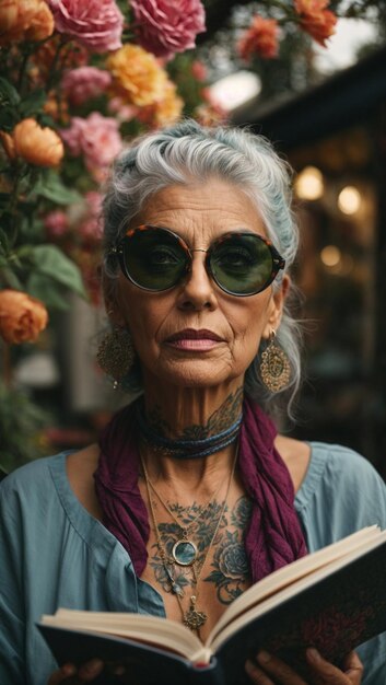 Anciana con Tatuajes Hojeando Revista de Jardineria