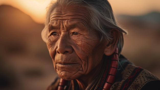 Una anciana contempla una puesta de sol.