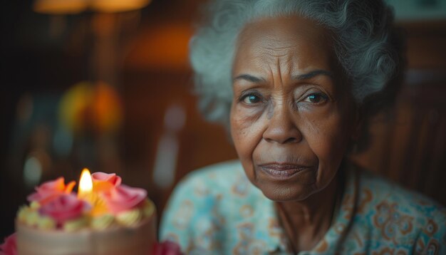 Foto una anciana contempla sola enfrentándose a la tristeza del cumpleaños con decepción y soledad