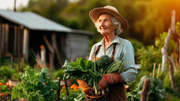 Una anciana con una cosecha de verduras en el jardín enfoque selectivo