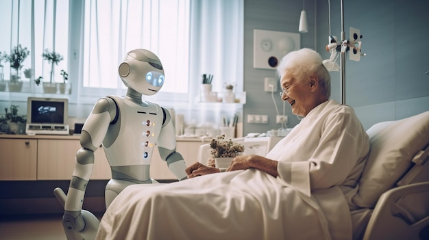 Anciana bajo el cuidado de un robot La IA generativa del hospital inteligente