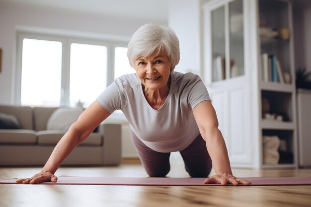 Una anciana demostrando fuerza y flexibilidad completando flexiones sobre una estera de yoga Mujer mayor haciendo ejercicio en casa generada por IA