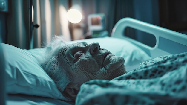 Una anciana descansa en paz en una cama de hospital sus delicados rasgos iluminados por la luz suave en la habitación tranquila