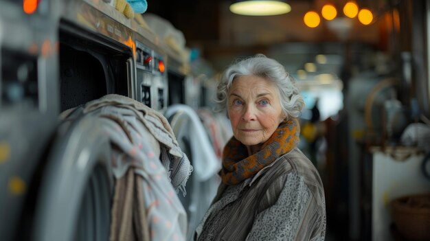 Una anciana descargando toallas en una lavandería tranquila