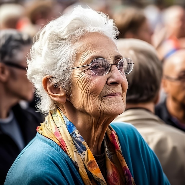 Anciana en un día soleado multitud foto realista