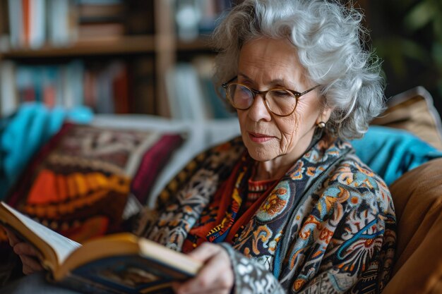 Una anciana disfrutando de una bebida mientras lee en casa.