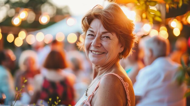 Una anciana disfrutando de una fiesta de verano en el jardín.