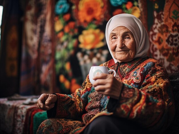 Una anciana disfrutando del té en una habitación vibrante