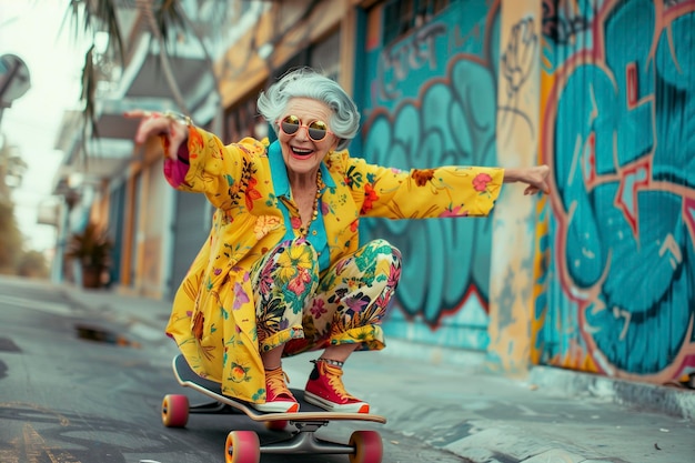 Foto una anciana divertida patinando en la calle.