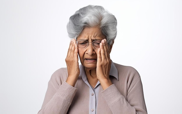 Una anciana con dolor de cabeza llevándose las manos a la cara.