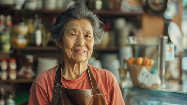 Foto una anciana dueña de una tienda brilla con orgullo en medio de su tradicional ambiente acogedor de la tienda.