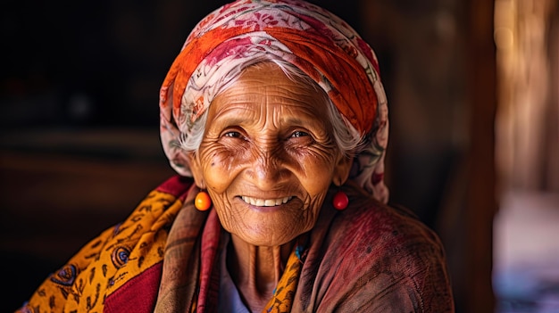 Una anciana con una dulce sonrisa y una relajada expresión amable en su cara