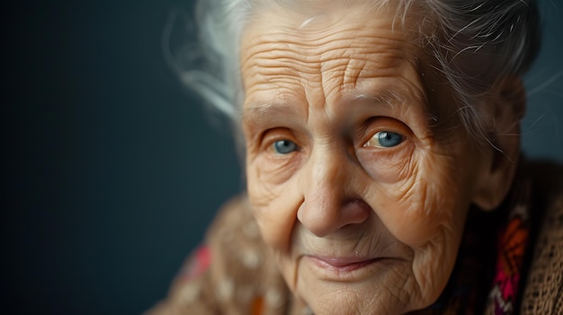 Foto una anciana elegante que irradia sabiduría y gracia su belleza atemporal capturada en un peinado clásico de chignon y ojos grises amables y reflexivos