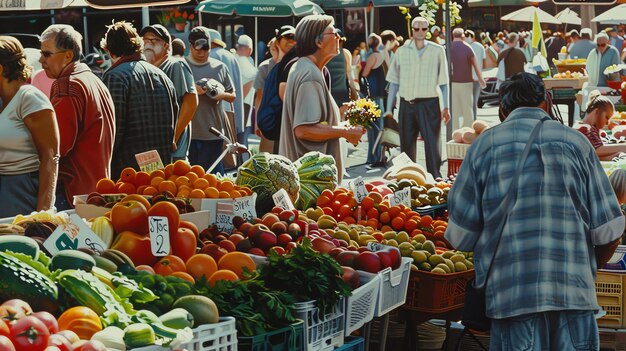 Una anciana está comprando flores en un mercado, lleva una camisa blanca y pantalones vaqueros azules, el mercado está lleno de gente.