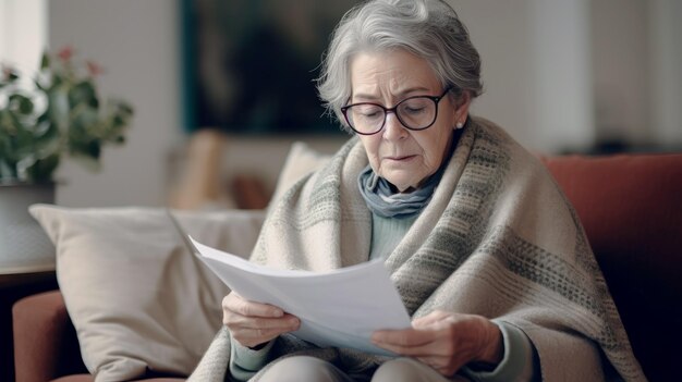 Una anciana está envuelta en ropa cálida y mirando las facturas