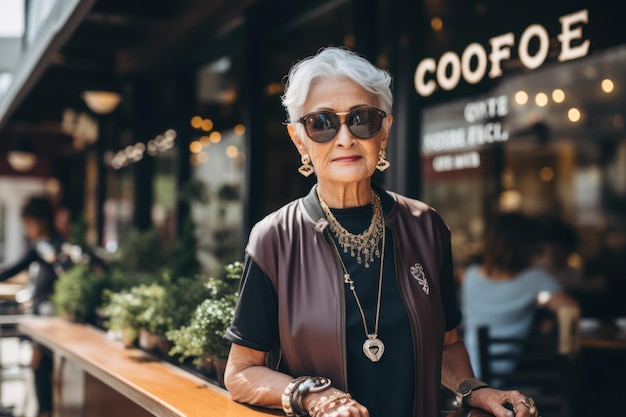 Una anciana está parada frente a la cafetería y sonriendo.