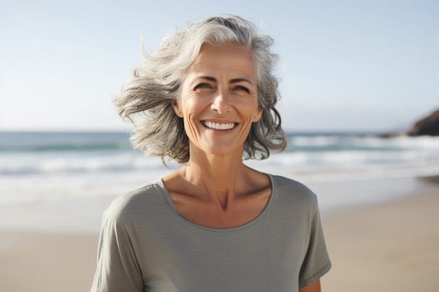 Una anciana feliz de cabello gris camina por la playa.