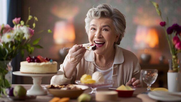 Foto una anciana feliz disfrutando del postre.