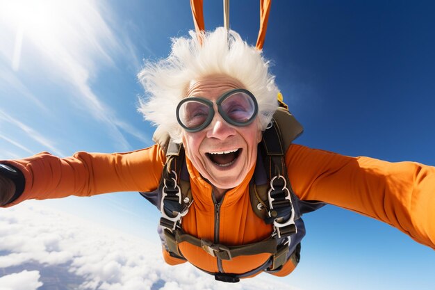 Foto una anciana feliz haciendo paracaidismo en el cielo.