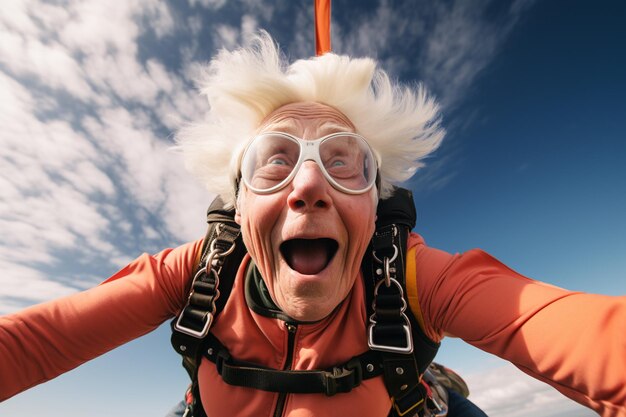 Una anciana feliz haciendo paracaidismo en el cielo.