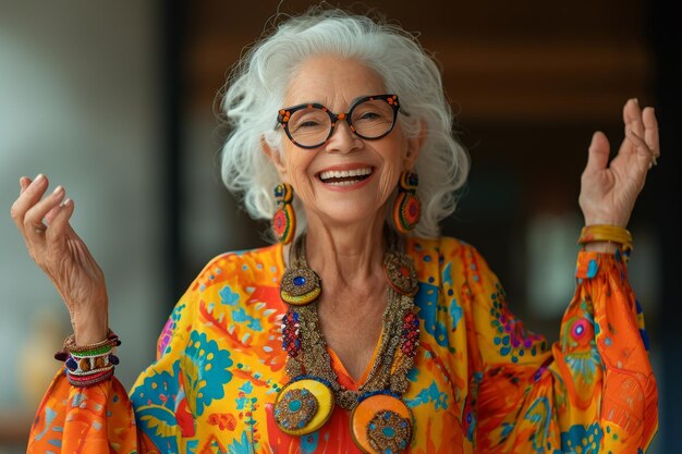 Foto una anciana feliz y juguetona con ropa de colores