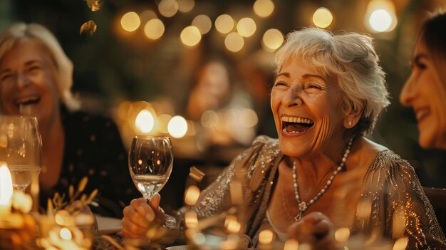 Foto una anciana feliz riendo de una amiga en una cena.