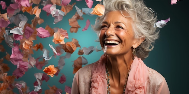 Una anciana feliz con una sonrisa brillante mientras los pétalos de colores caen a su alrededor