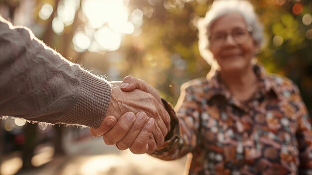 Foto una anciana feliz tomando de la mano al cuidador.