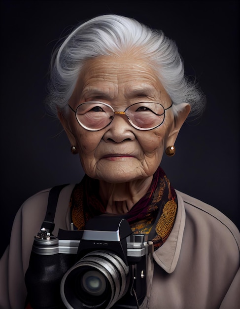 Una anciana con gafas y una cámara.