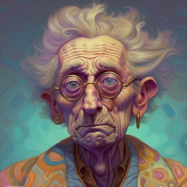 una anciana con gafas y una camisa colorida ai generativo