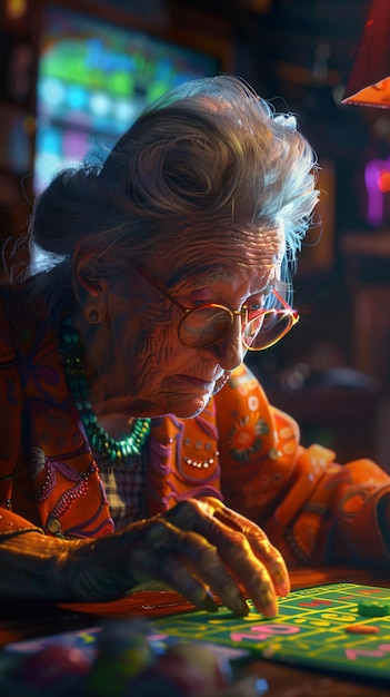 una anciana con gafas y una camisa colorida está mirando una computadora