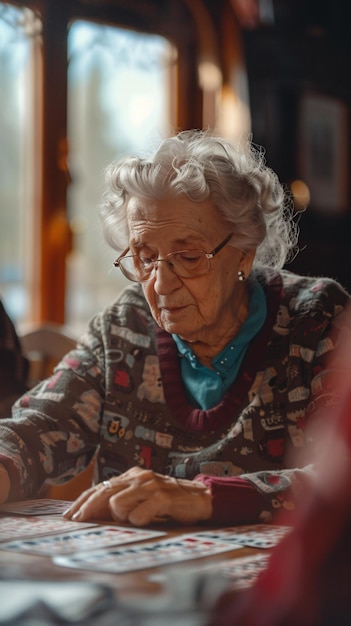 una anciana con gafas mirando una pieza de papel